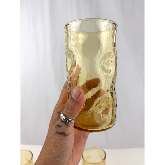 VTG Honey Amber Dimpled Glass Tumblers Pinched Yellow MCM Set of 4 - Picture 11 of 14